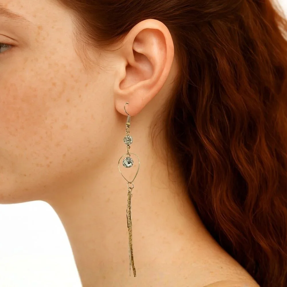 Gold Dangling Earrings With Teardrop Design And Rhinestones Long Chain Tassels